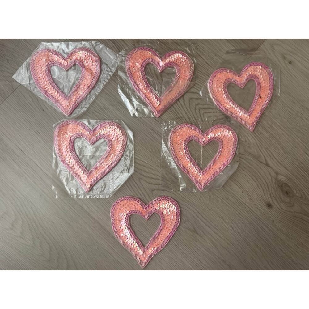New Pink Sequin Beaded Cut Out Heart Appliqué Patch 4.5” - lot of 6
